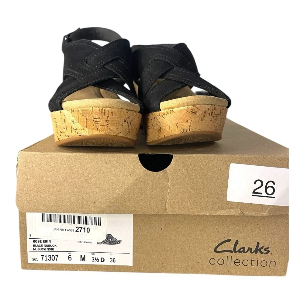 Clarks Collection Rose Erin Black Nubuck Cork Wedge Sandals – Size 6